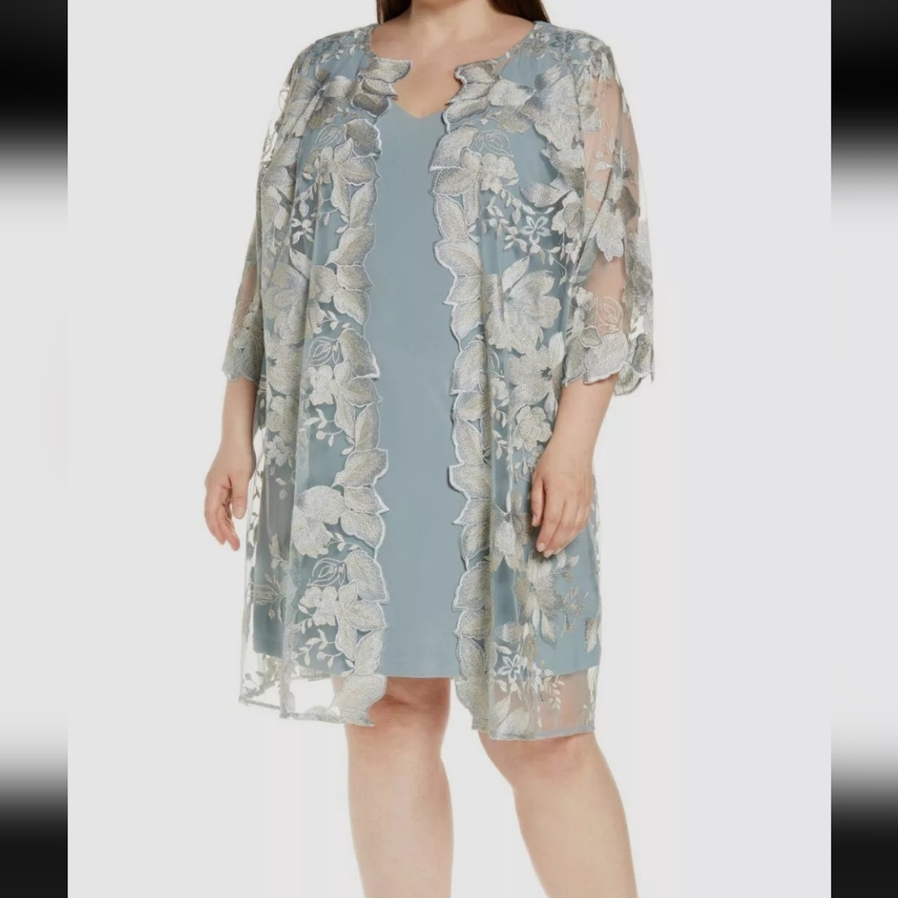 Alex Evenings Women's Green Embroidered Jacket Dress Plus Size 18